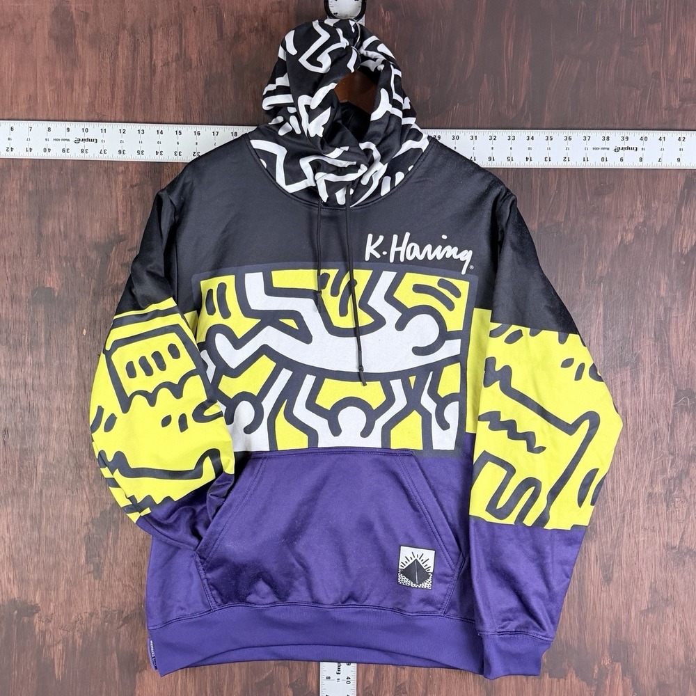 Keith Haring X Members Only Graffiti Art Sketch Hoodie Black Purple Yellow Mediu